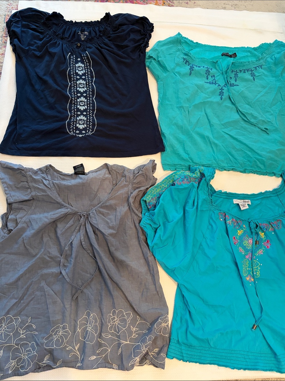 Lot of 5 Mixed Boho Embroidered Peasant Tops - Navy, Teal, Gray, Turquoise